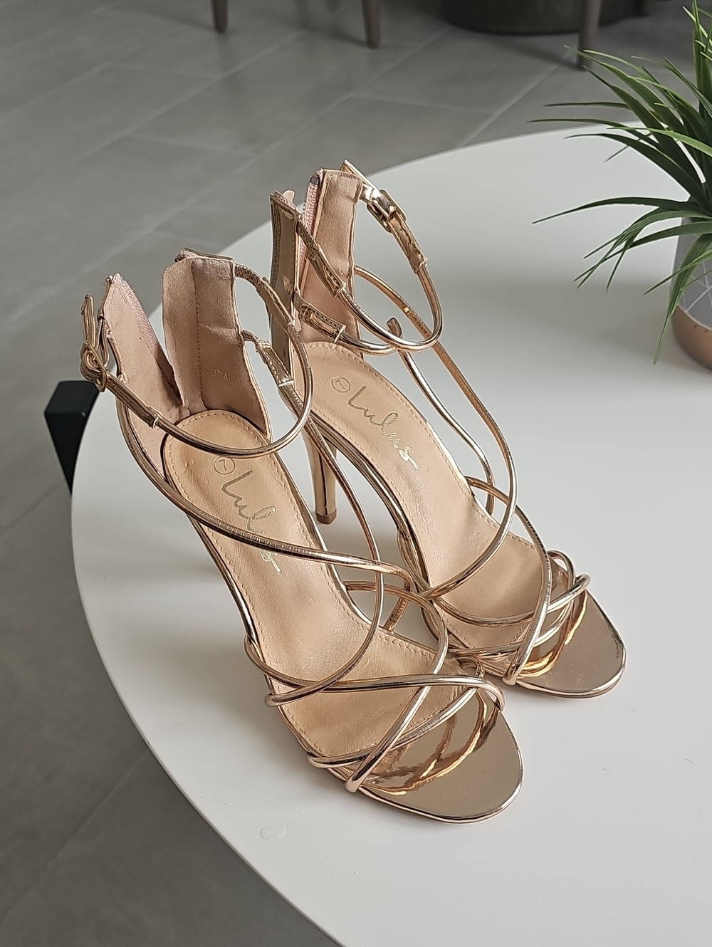 Lulu's Metallic Rose Gold Strappy Stiletto Sandals